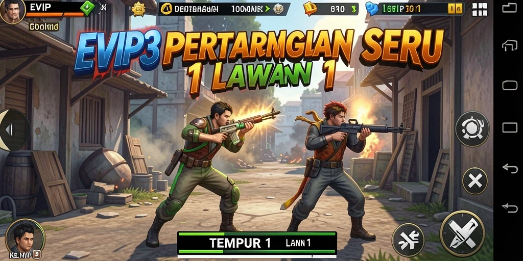 Screenshot EVIP3 menunjukkan pertempuran 1 lawan 1 yang mendebarkan.