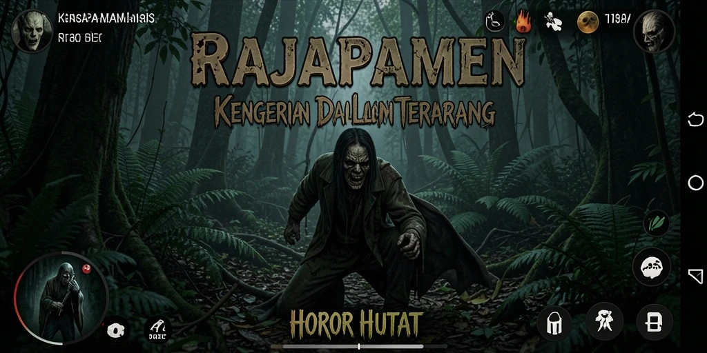 Antarmuka game Horor Hutan dengan elemen menakutkan dan atmosfer mencekam.